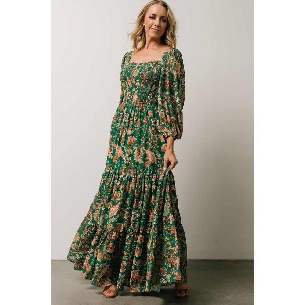 Baltic Born Ventura Cross Back Maxi Dress Green Floral Smocked XL NWT